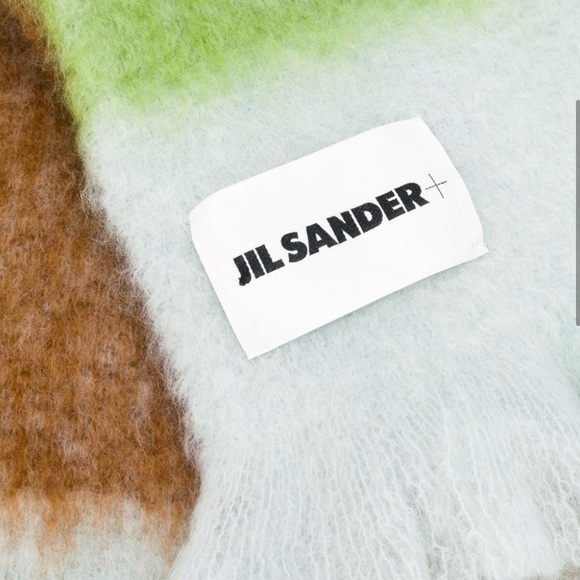 JIL SANDER Color Block Green Tan Blue Mohair Wool Warm Scarf - Picture 2 of 8